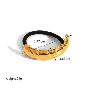 18k gold-plated stainless steel curved hair cuff with black elastic tie and size data