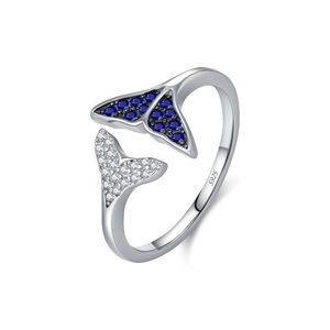 S925 sterling silver mermaid tail ring featuring sparkling blue and white zircon stones