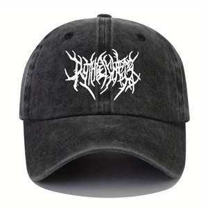 Close-up of washed black cotton baseball cap with white gothic style graphic embroidery