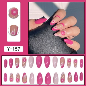 Pink almond fake nails set with floral patterns and gold accents, style Y-157