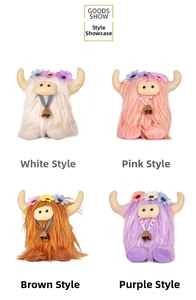 Detailed grid view of plush highland cows in white, pink, brown, and purple with flowers