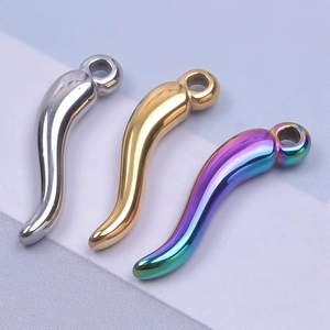 Polished stainless steel chili pendants in gold, silver, and rainbow colors