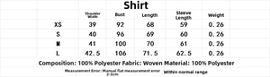 Detailed size chart for women's satin shirt showing shoulder, chest, and length measurements