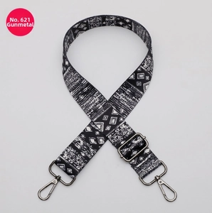 Detail of adjustable gunmetal hardware and ethnic black-white geometric bag strap