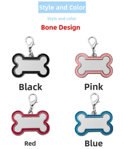 Detailed view of bone-shaped pet ID tags in black, pink, red, and blue with lobster clasps