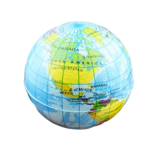 Close-up of squeeze globe stress ball showing detailed foam map of North and South America