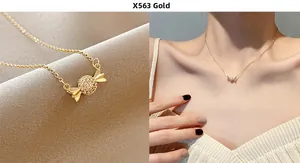 Detailed macro view and model shot of a gold candy pendant necklace with pavé stones