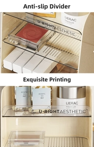 Detail view of anti-slip striped shelves and elegant printing on cream cosmetic organizer