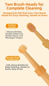 Close-up of double-headed pet toothbrush with silicone tongue scraper and soft round bristles