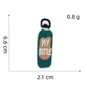 Detailed view of bottle embroidery patch with dimensions 6.6x2.1cm and 0.8g weight