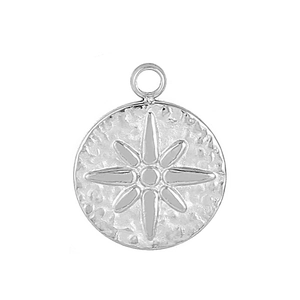 Detail of silver round stainless steel pendant with embossed star pattern and hammered texture