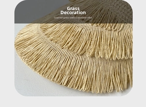Detailed macro view of layered straw weave and textured fringe decoration on sun hat