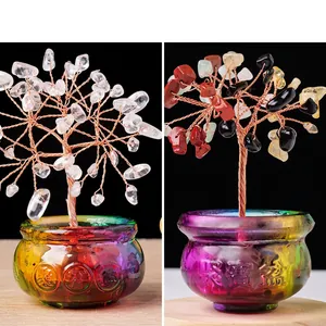 Natural crystal money tree decor with colorful stones and lucky basin glass base