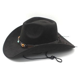 Detail of black suede cowboy hat featuring a beaded leather band and windproof chin cord