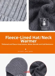 Detailed view of the thick fleece lining and grey knit texture of this winter hat set