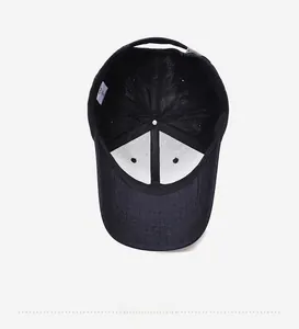 Interior detail of navy baseball cap featuring breathable fabric and adjustable strap