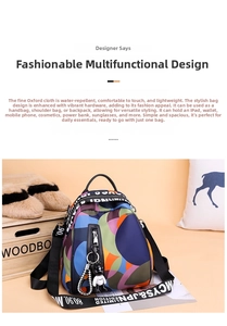 Close-up of colorful geometric oxford fabric backpack featuring a cute white bear charm