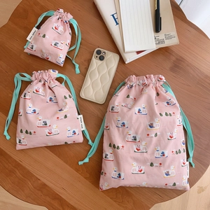 Cartoon Animal Print Drawstring Storage Bags Pouch Pure Cotton Double Layer Japanese Sweet Style Women Girls Travel Organizer