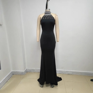 Elegant black halter neck mermaid evening dress with pearl and diamond neckline detailing