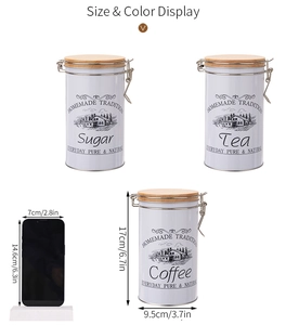 Three-piece white coffee sugar tea tin set with wood lids and metal locks detail