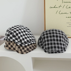 British Style Plaid Newsboy Cap For Toddler Kids Retro Tweed Houndstooth Beret Flat Hat Warm Autumn Winter