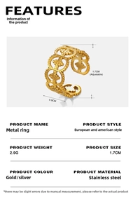Detail view of gold stainless steel ring with hollow Roman patterns and adjustable band