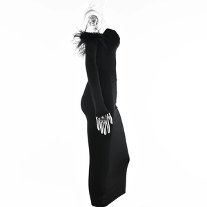 Detail view of black bodycon dress featuring elegant feather trim on the sleeve cuff