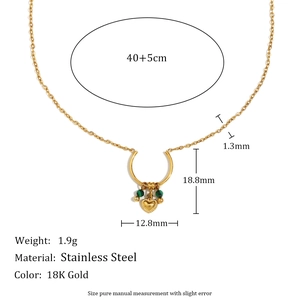 18K gold plated stainless steel heart pendant necklace with green bead and size specs