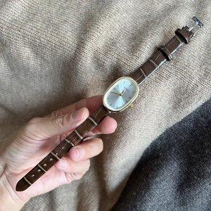 Elegant women's watch featuring a gold oval case and brown crocodile leather strap
