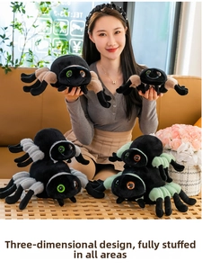 Macro detail of plush spider toys with colorful legs and soft premium materials