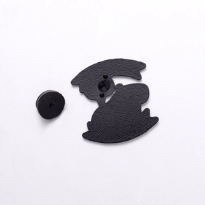 Detailed macro view of the black matte metal badge back with a secure rubber clutch pin