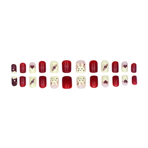 Cute bunny and heart pattern press-on nails in burgundy and cream colors, 24pcs set