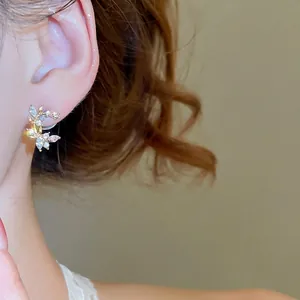 French vintage silver needle stud earrings with floral leaf pattern and colorful crystals
