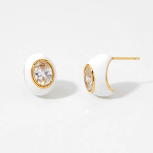 Vintage stainless steel earrings with white enamel and oval zircon gemstone in gold plating