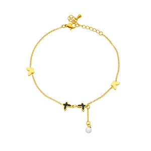 Gold titanium steel anklet featuring butterfly charms and a white pearl accent