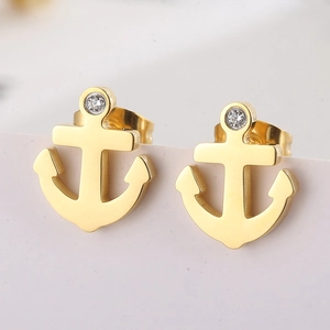 Minimalist golden anchor stud earrings with sparkling zircon inlay for a nautical look