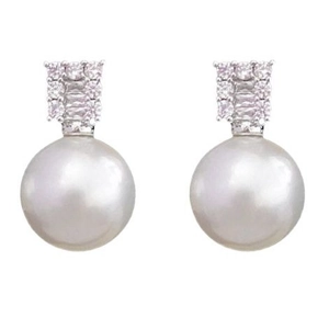 Elegant pearl stud earrings with sparkling zircon stones in a minimalist silver setting