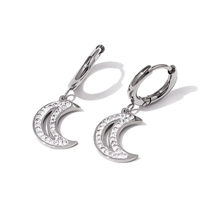 Silver crescent moon earrings with cubic zirconia inlay on a clean white background