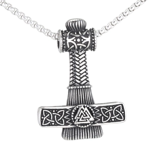 Vintage Thor's Hammer Mjölnir pendant with Valknut symbol in silver stainless steel