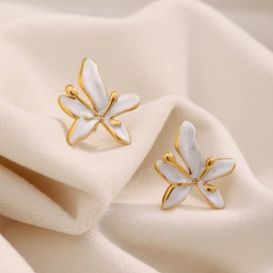 Elegant 18K gold plated stainless steel butterfly stud earrings with white enamel finish