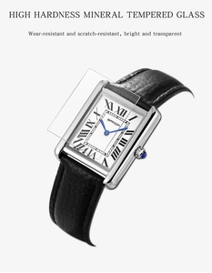 Detail of high-hardness mineral glass mirror on classic rectangular leather watch