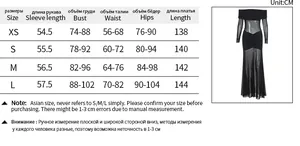 Size chart for the elegant black off-shoulder mesh long dress with body measurements in CM
