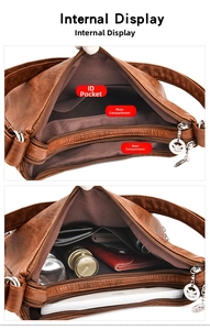 Internal view of brown retro leather shoulder bag showing multiple layers and storage capacity