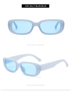 Detail view of jelly blue rectangular sunglasses model C20 with light blue lenses