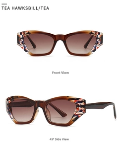 Vista frontale e laterale di occhiali da sole cat-eye con motivi geometrici eleganti