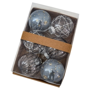 Set di 6 palline di Natale decorative da 8cm in grigio e trasparente con ganci argento