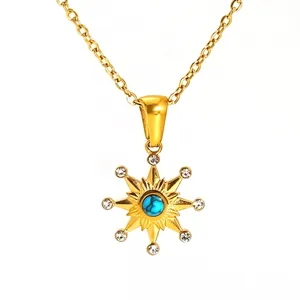 Detailed close-up of 18K gold plated starburst pendant featuring a turquoise stone center