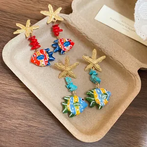 Starfish and colorful glass fish drop earrings with stone beads for beach vacations
