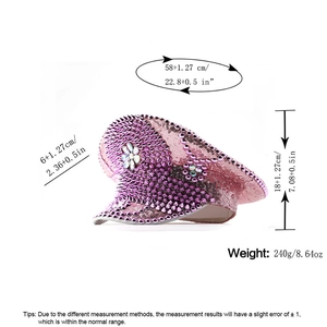 Pink sequin military hat with rhinestone studs and size measurement details