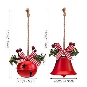 Red Christmas bell ornaments with pine needles and plaid bows for tree decoration